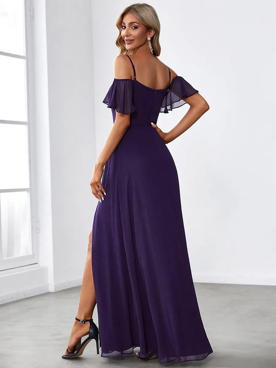 Stylish Cold Shoulder Flare Sleeves Flowy Bridesmaid Dress