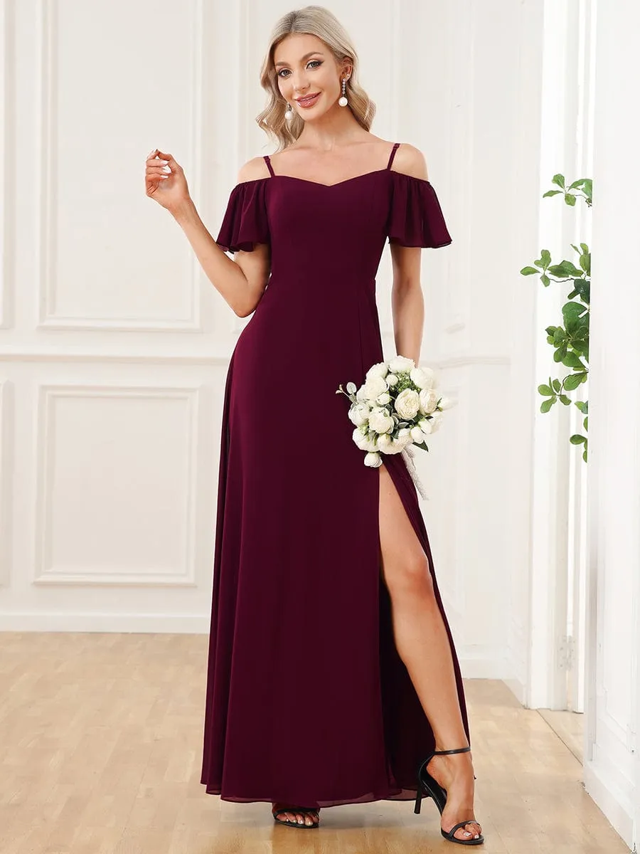 Stylish Cold Shoulder Flare Sleeves Flowy Bridesmaid Dress