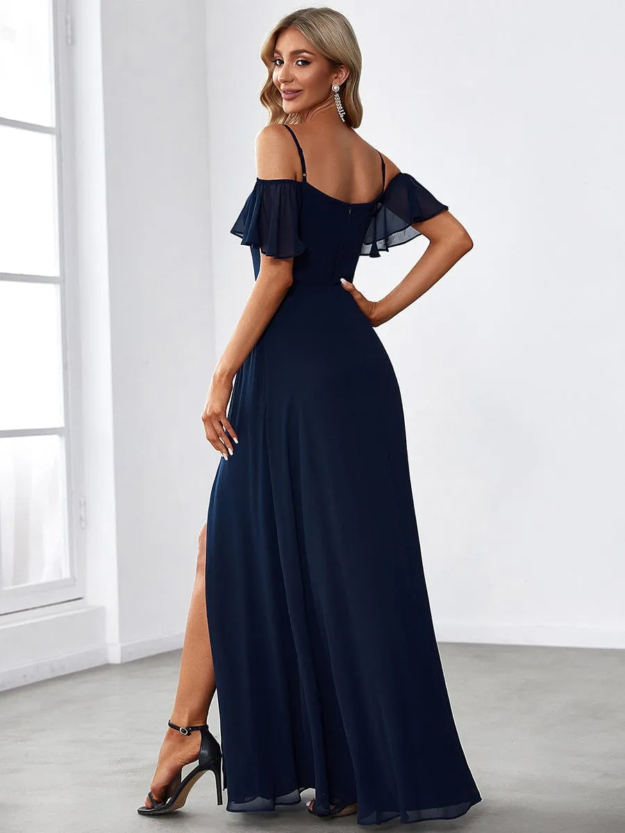 Stylish Cold Shoulder Flare Sleeves Flowy Bridesmaid Dress