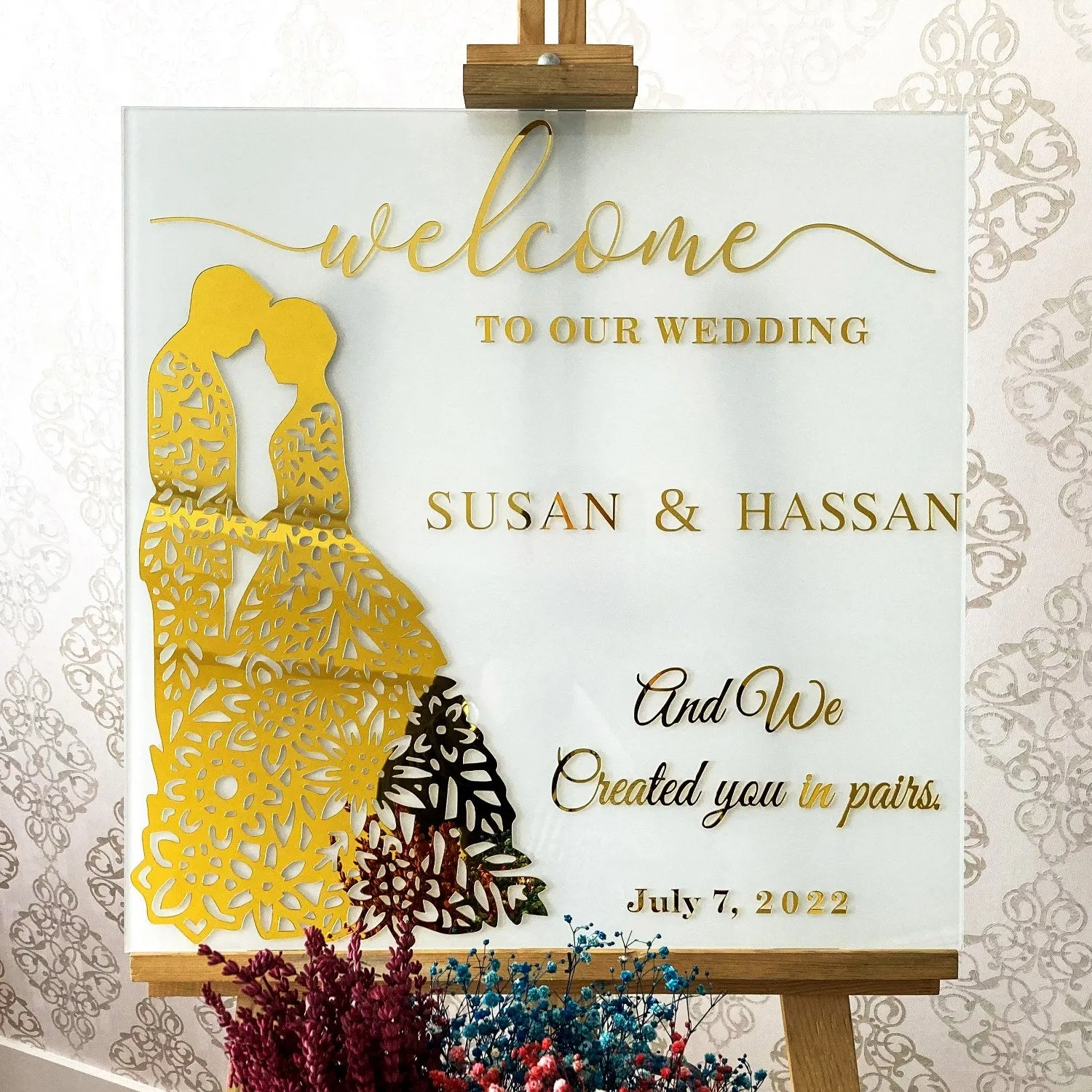 Surah Nebe Ayat 8 Wedding Welcome Sign, White Glass, Customizable