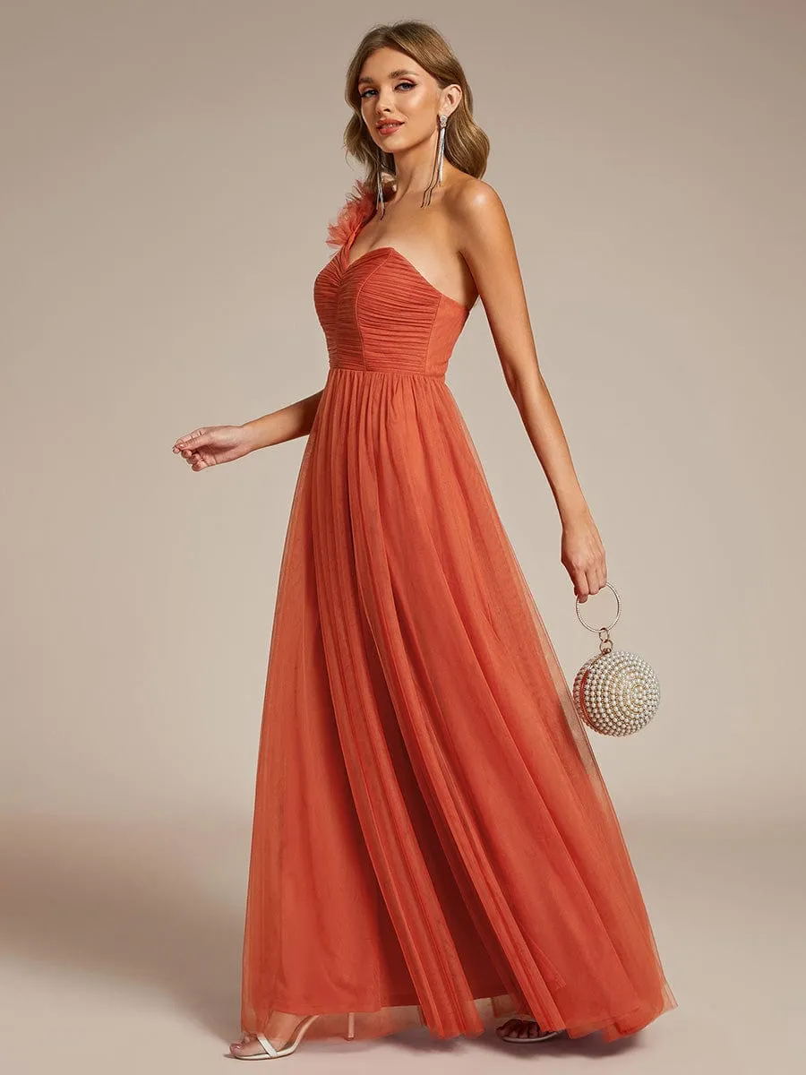 Sweetheart Neckline One Shoulder with Floral Tulle High Slit Bridesmaid Dress