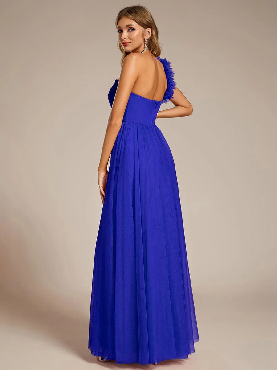 Sweetheart Neckline One Shoulder with Floral Tulle High Slit Bridesmaid Dress