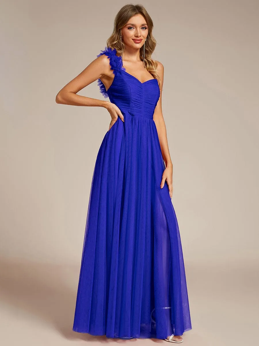 Sweetheart Neckline One Shoulder with Floral Tulle High Slit Bridesmaid Dress