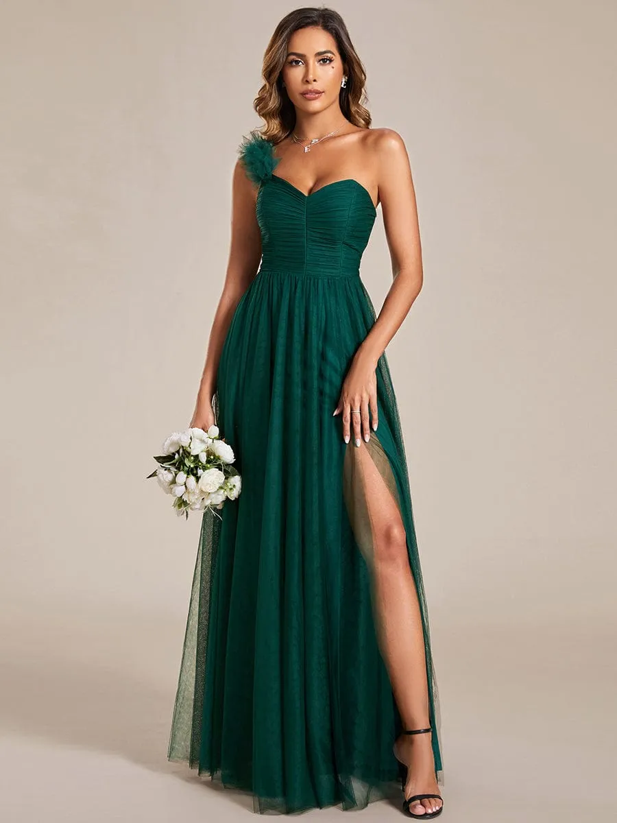 Sweetheart Neckline One Shoulder with Floral Tulle High Slit Bridesmaid Dress