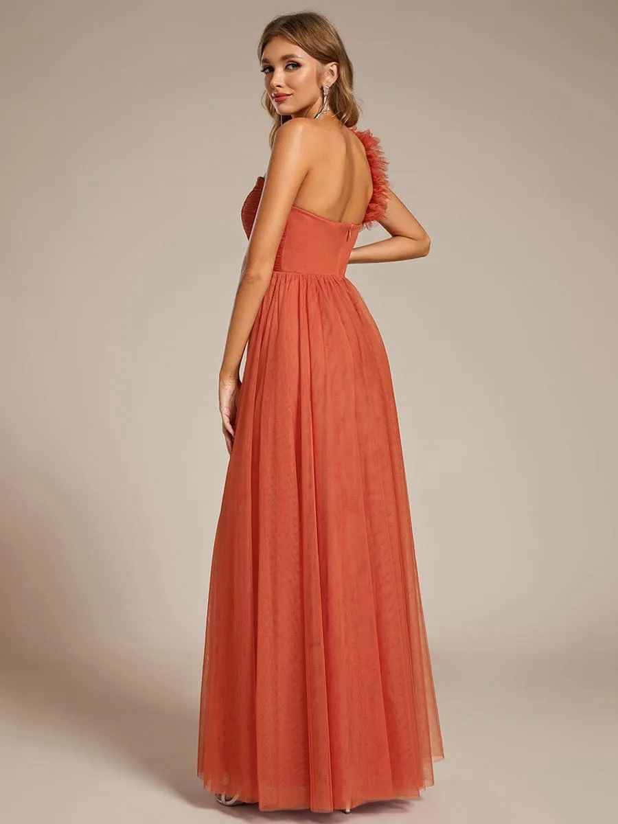 Sweetheart Neckline One Shoulder with Floral Tulle High Slit Bridesmaid Dress