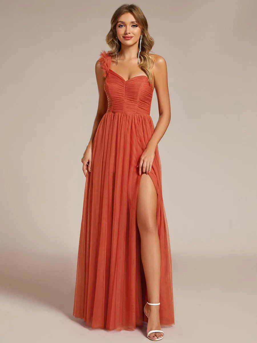 Sweetheart Neckline One Shoulder with Floral Tulle High Slit Bridesmaid Dress