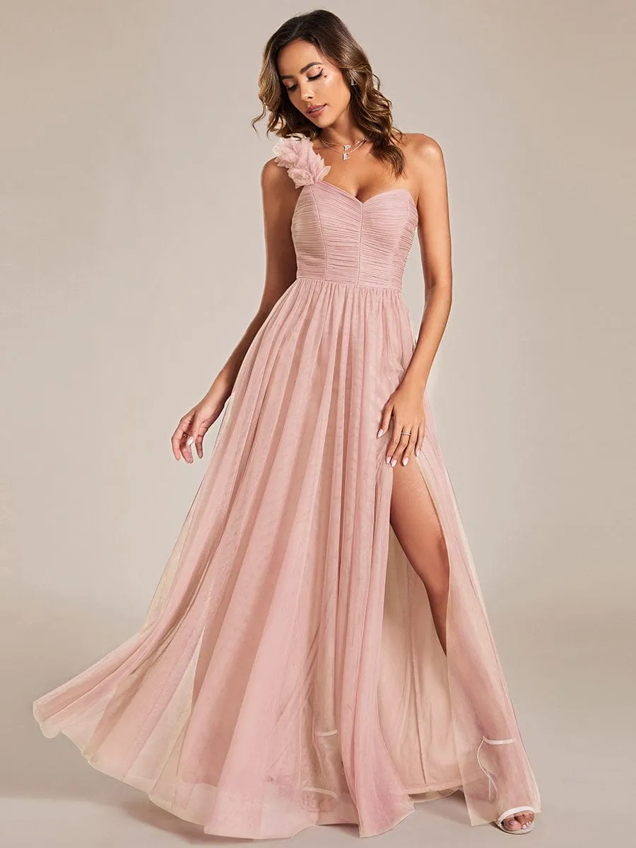 Sweetheart Neckline One Shoulder with Floral Tulle High Slit Bridesmaid Dress