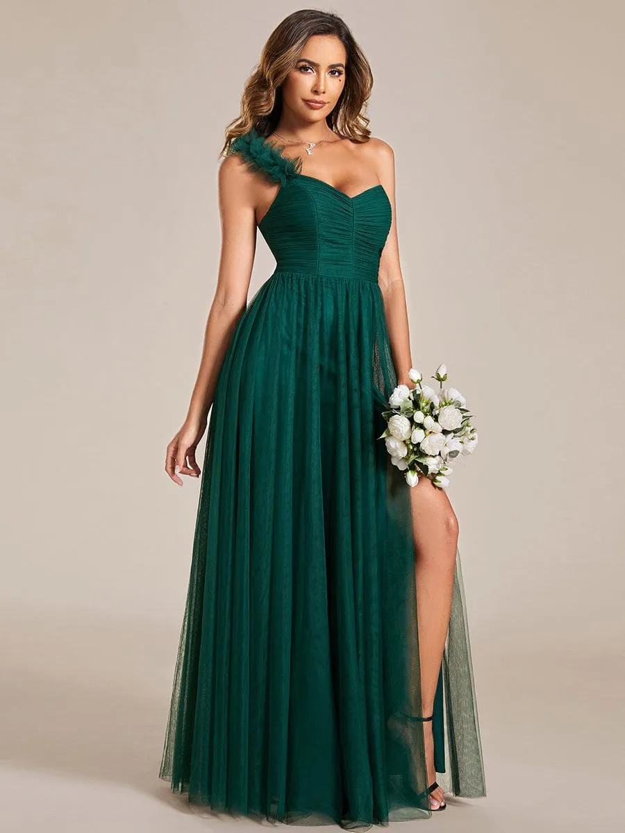 Sweetheart Neckline One Shoulder with Floral Tulle High Slit Bridesmaid Dress