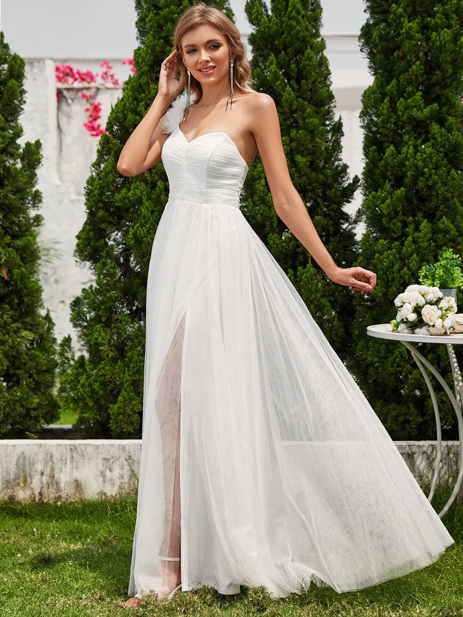 Sweetheart Neckline One Shoulder with Floral Tulle High Slit Bridesmaid Dress