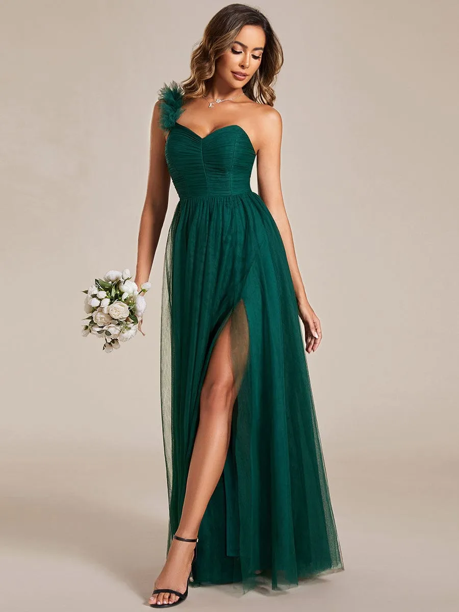 Sweetheart Neckline One Shoulder with Floral Tulle High Slit Bridesmaid Dress