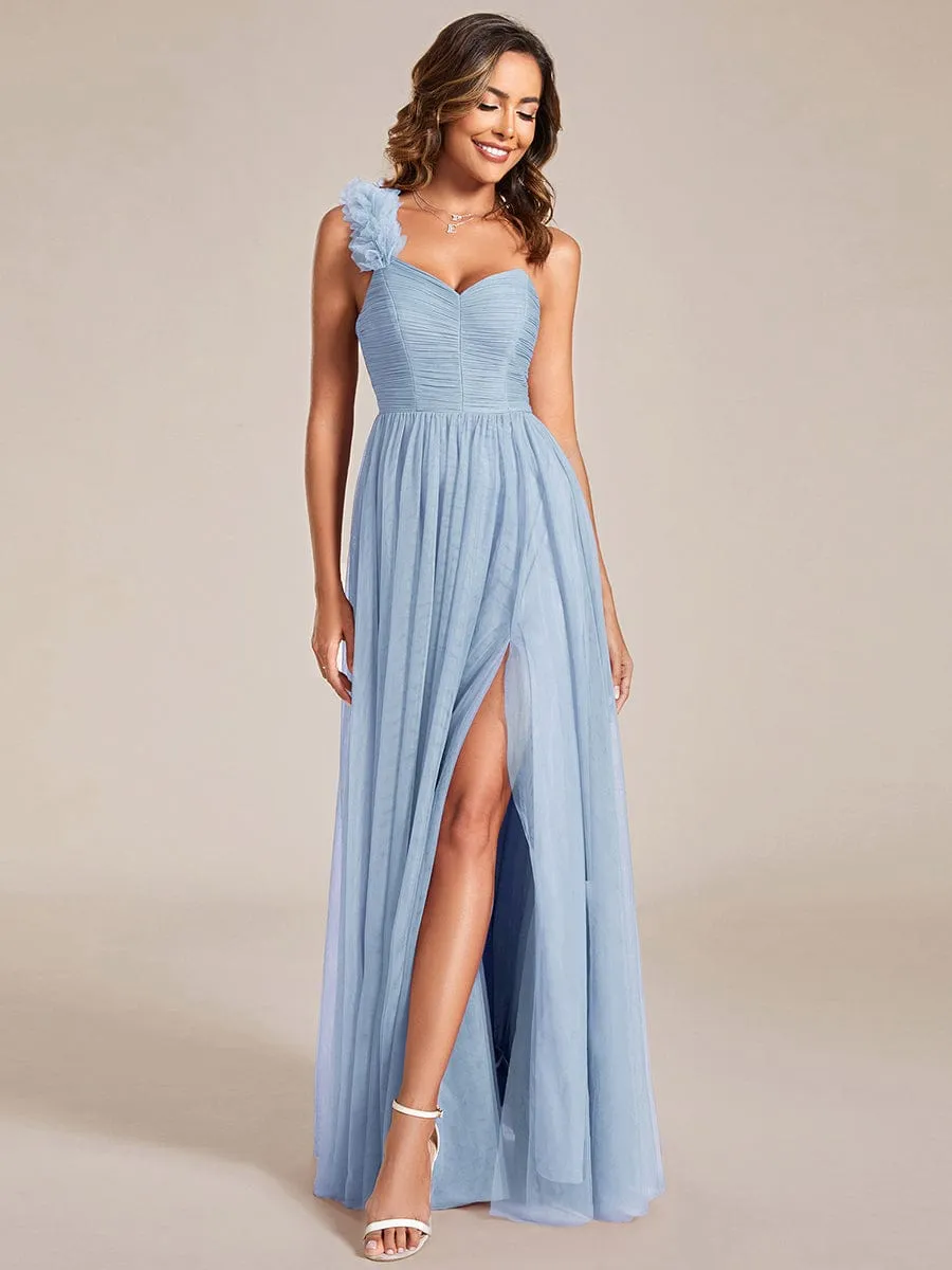 Sweetheart Neckline One Shoulder with Floral Tulle High Slit Bridesmaid Dress