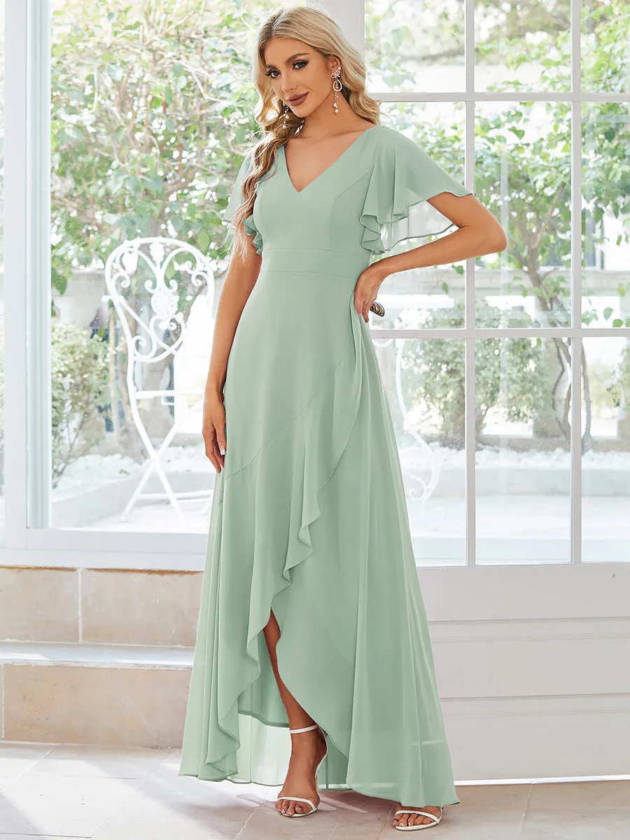 V Neck High Low Ruffles Chiffon Wholesale Bridesmaid Dresses