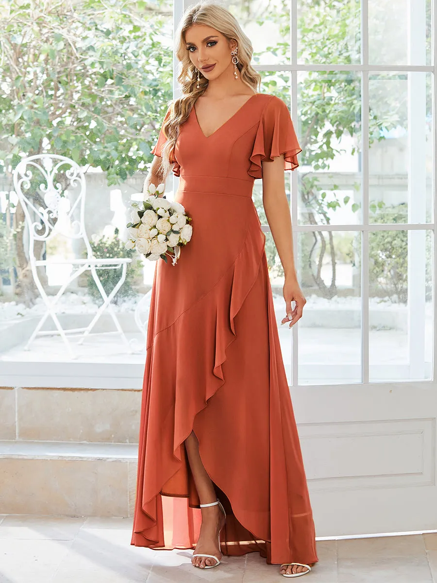 V Neck High Low Ruffles Chiffon Wholesale Bridesmaid Dresses