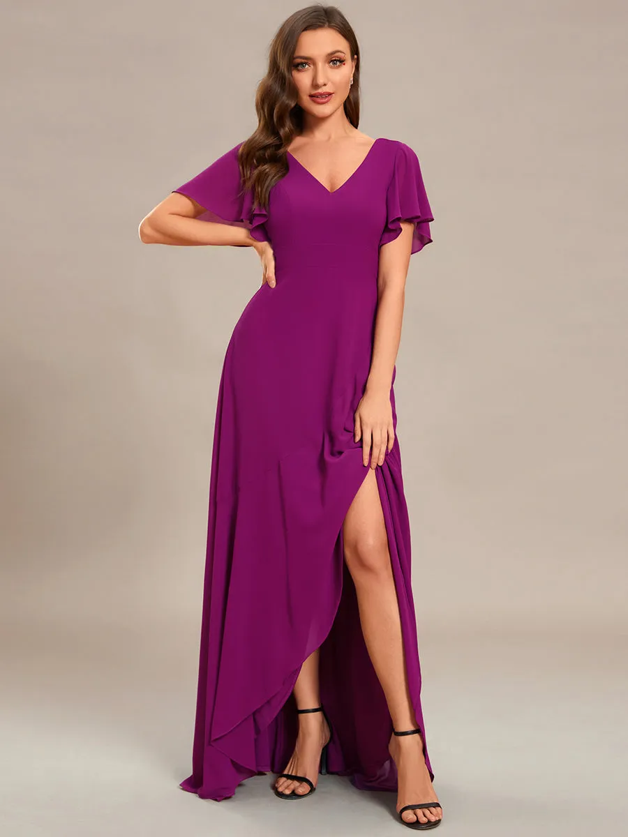 V Neck High Low Ruffles Chiffon Wholesale Bridesmaid Dresses