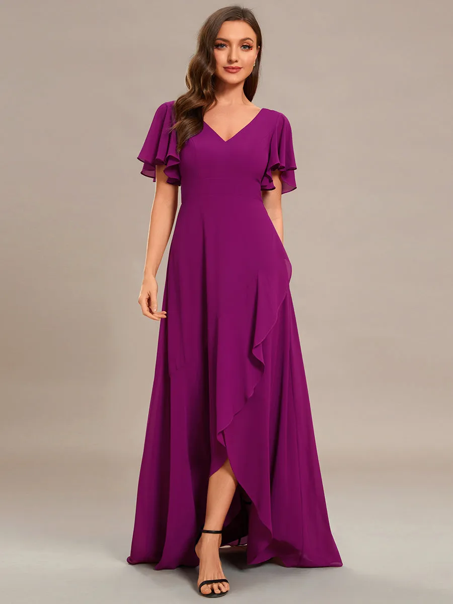 V Neck High Low Ruffles Chiffon Wholesale Bridesmaid Dresses