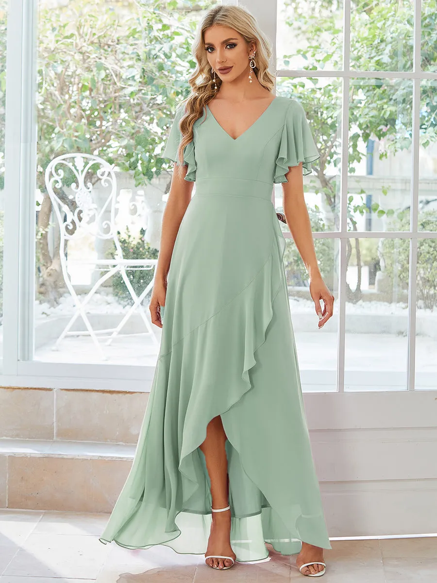 V Neck High Low Ruffles Chiffon Wholesale Bridesmaid Dresses