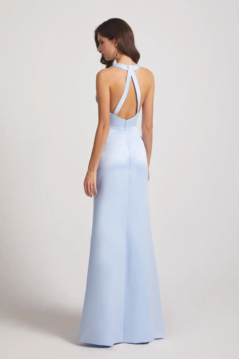 V-Neck Straps Blue Satin Front Slit Bridesmaid Dresses with Open Back (AF0168)