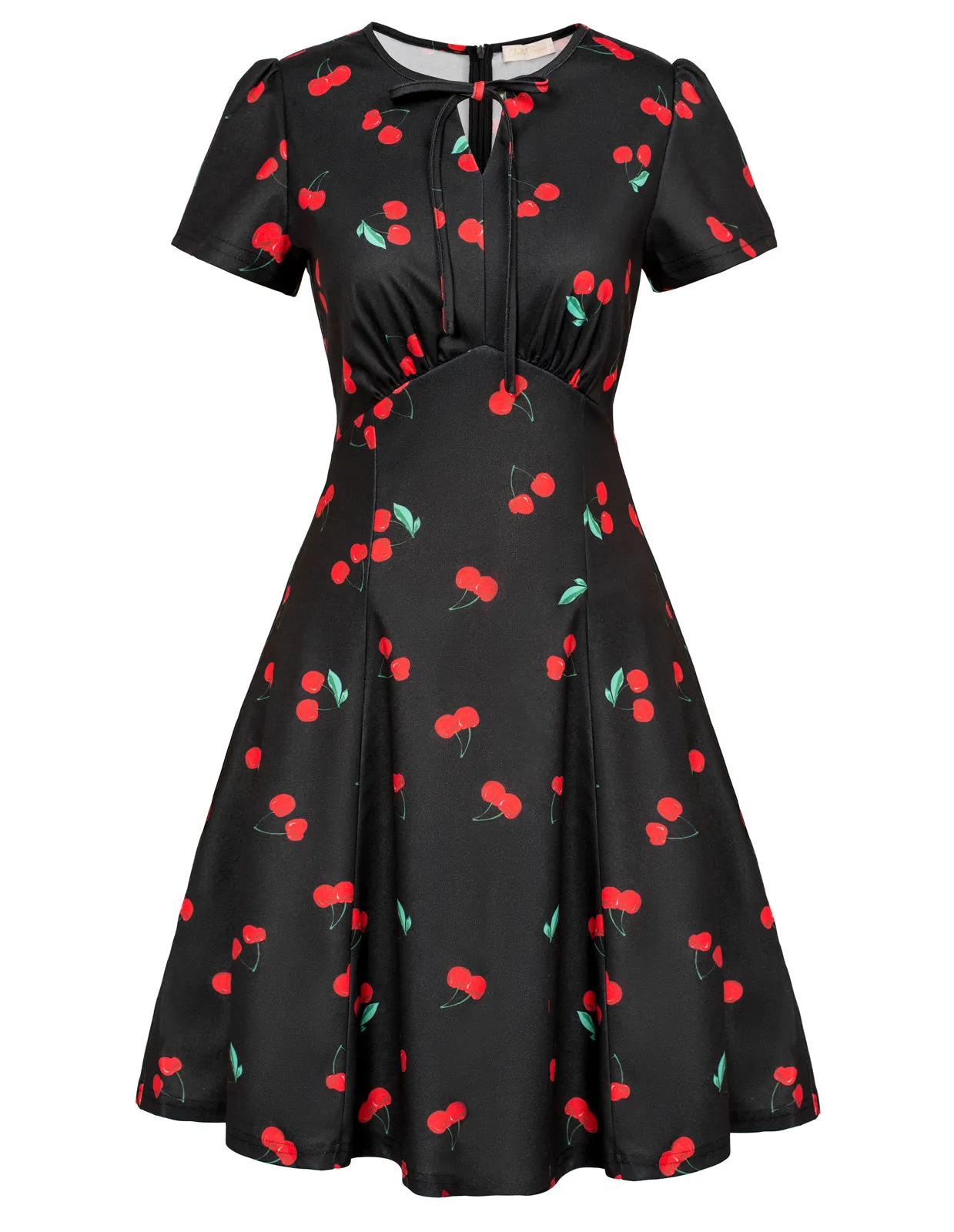 Vintage Strawberry Pattern A-Line Swing Dress Keyhole Tie Dress Round Neck Work Dress Tea Dress