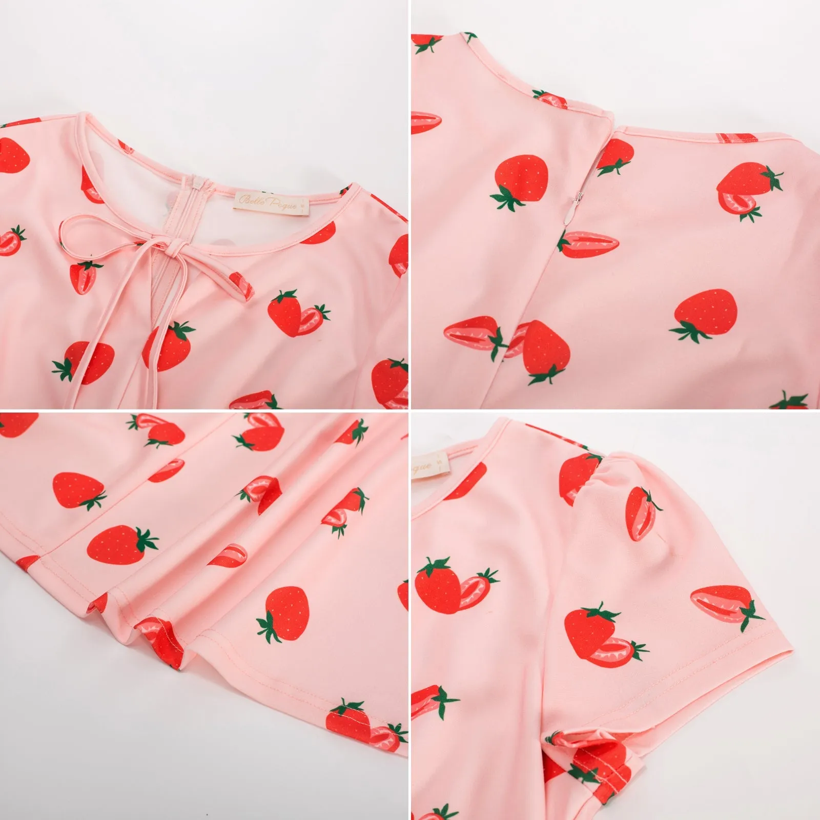 Vintage Strawberry Pattern A-Line Swing Dress Keyhole Tie Dress Round Neck Work Dress Tea Dress