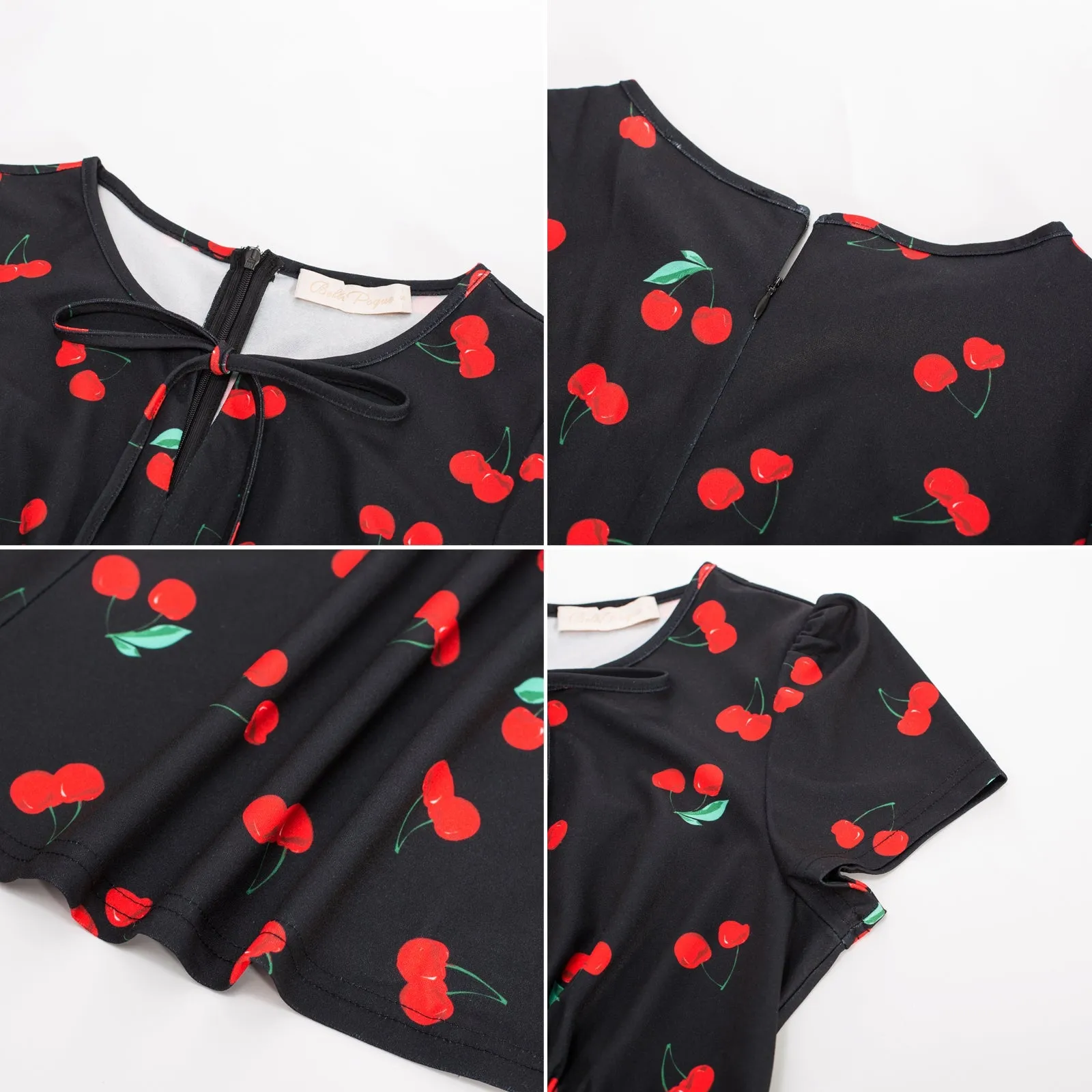 Vintage Strawberry Pattern A-Line Swing Dress Keyhole Tie Dress Round Neck Work Dress Tea Dress