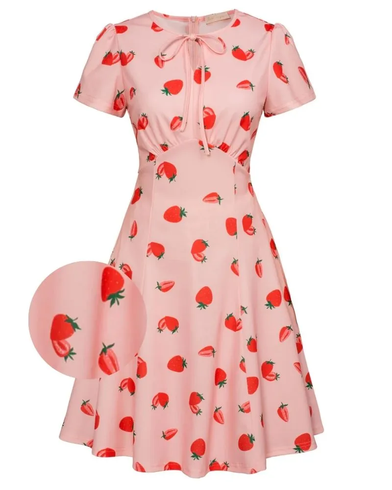 Vintage Strawberry Pattern A-Line Swing Dress Keyhole Tie Dress Round Neck Work Dress Tea Dress