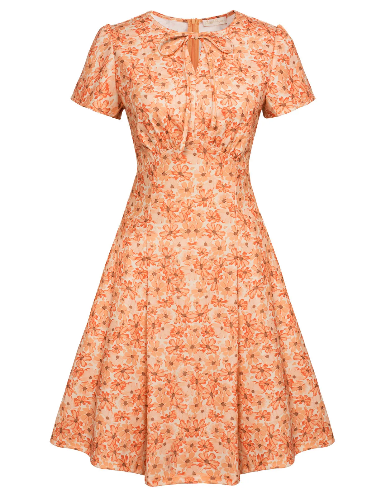 Vintage Strawberry Pattern A-Line Swing Dress Keyhole Tie Dress Round Neck Work Dress Tea Dress