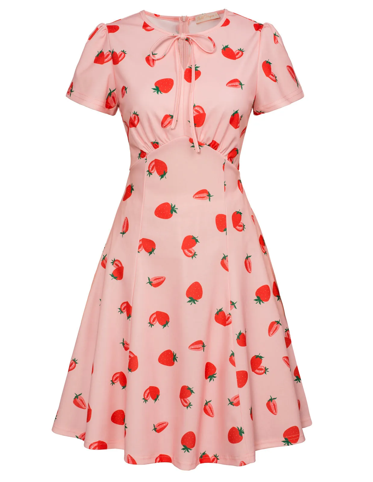 Vintage Strawberry Pattern A-Line Swing Dress Keyhole Tie Dress Round Neck Work Dress Tea Dress