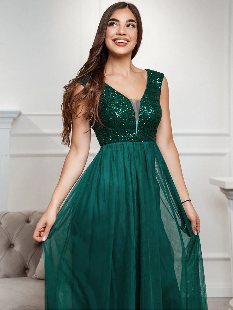 Women's A-Line V-Neck Sequin Dress Floor-Length Prom Dresses