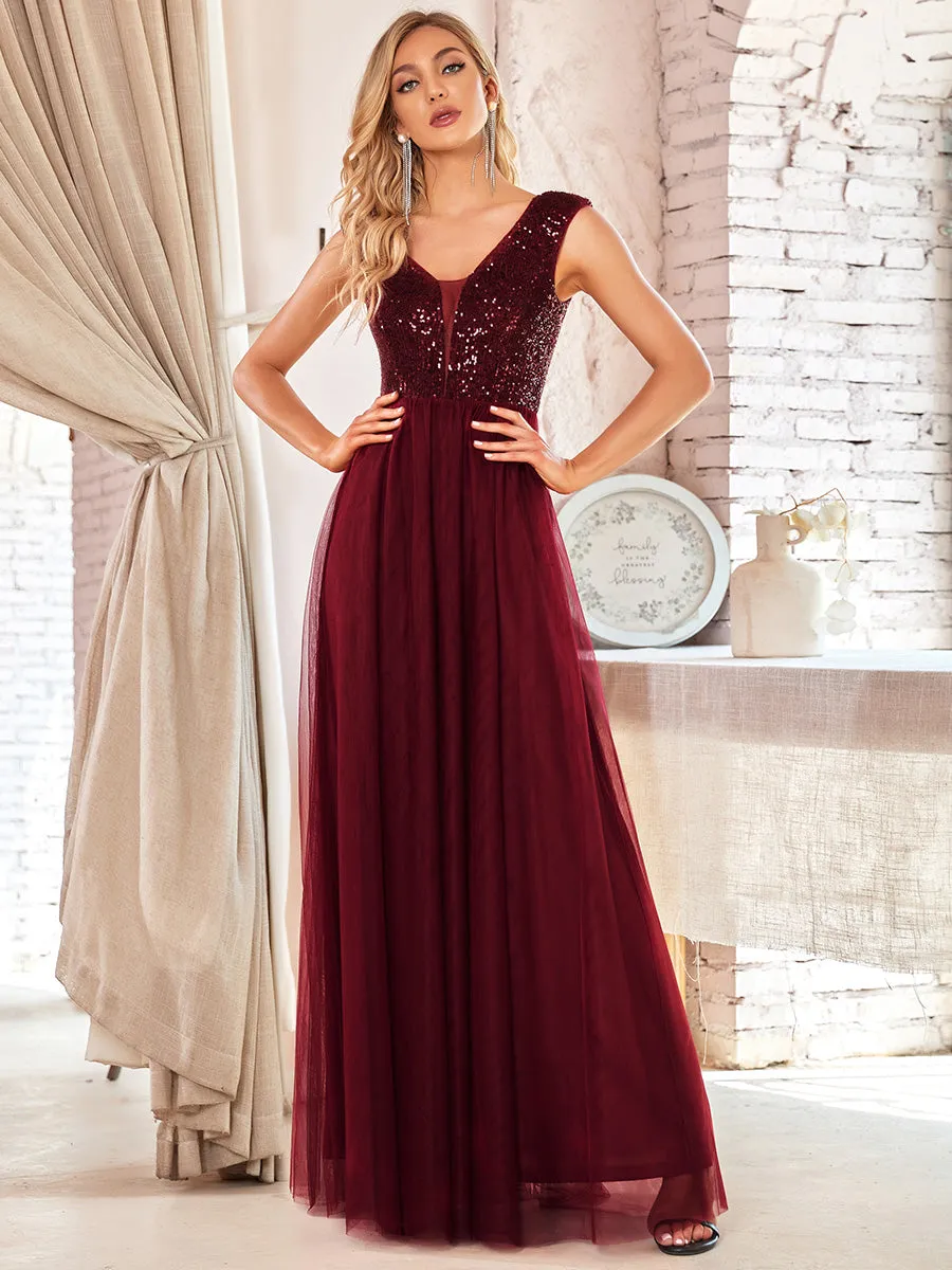 Women's A-Line V-Neck Sequin Dress Floor-Length Prom Dresses