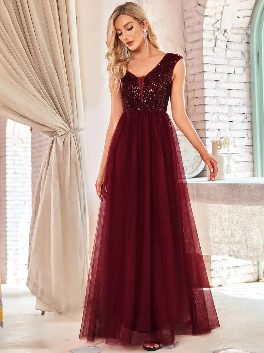 Women's A-Line V-Neck Sequin Dress Floor-Length Prom Dresses