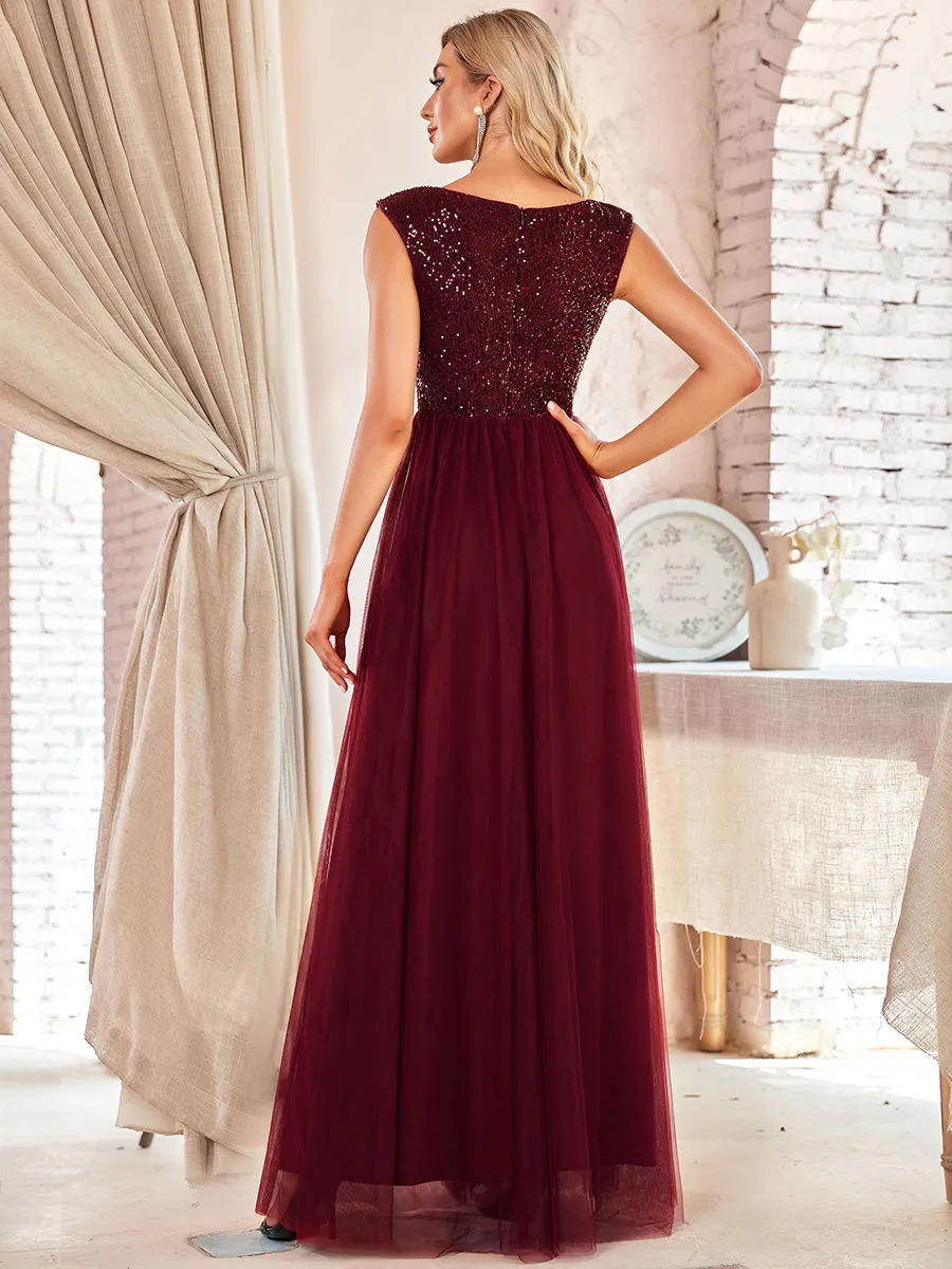 Women's A-Line V-Neck Sequin Dress Floor-Length Prom Dresses