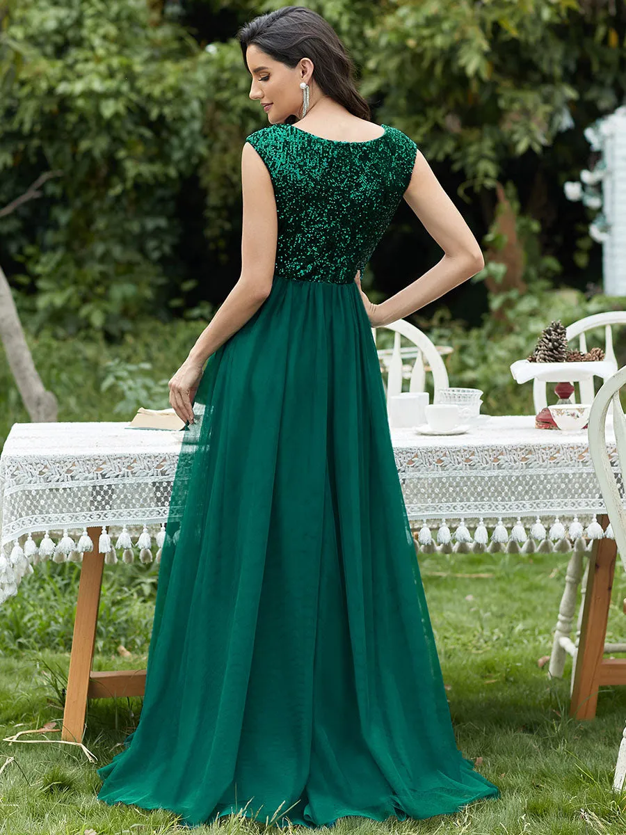 Women's A-Line V-Neck Sequin Dress Floor-Length Prom Dresses