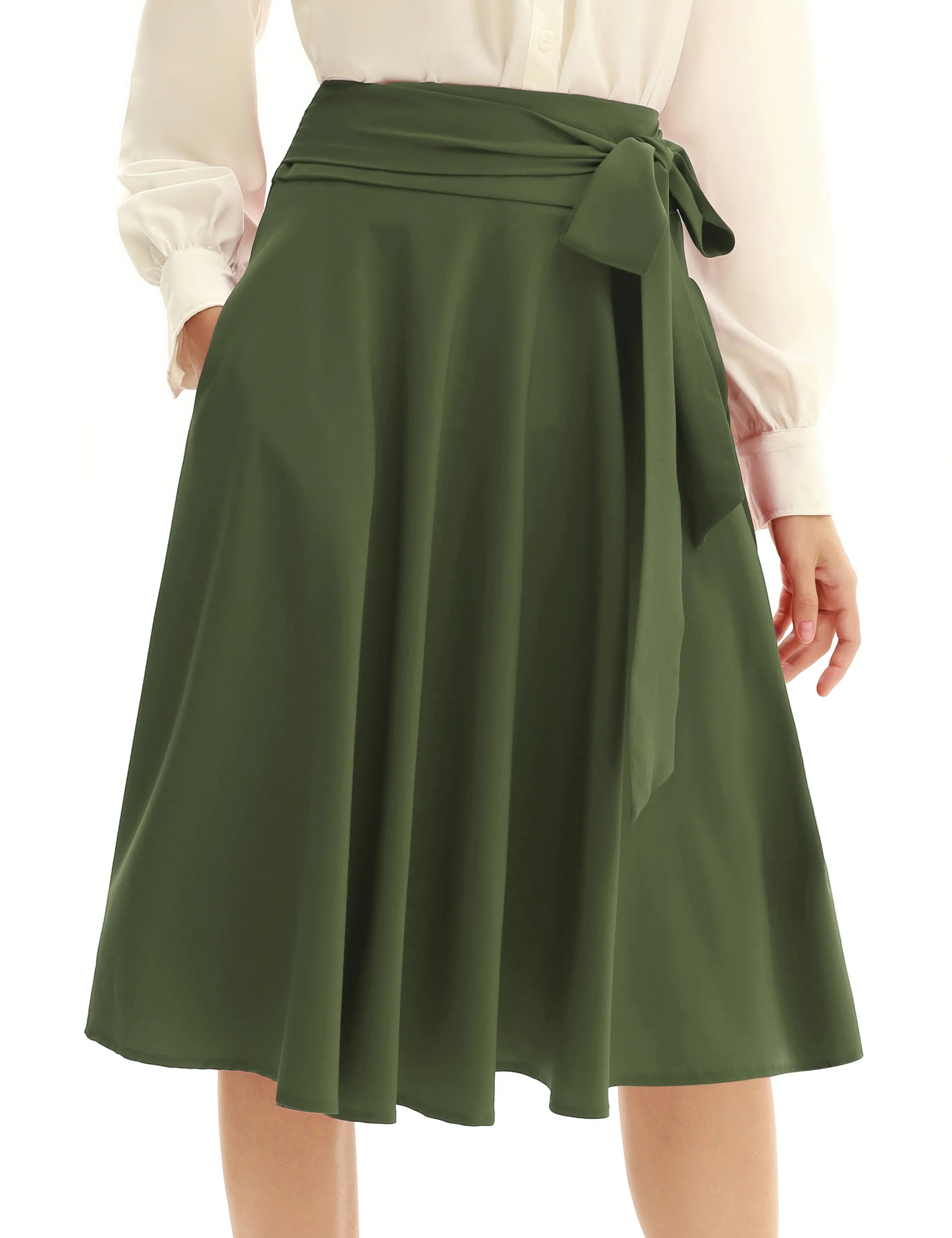 Women's High Waist A-Line Pockets Skirt Skater Flared Midi Skirt Vinage Skirt